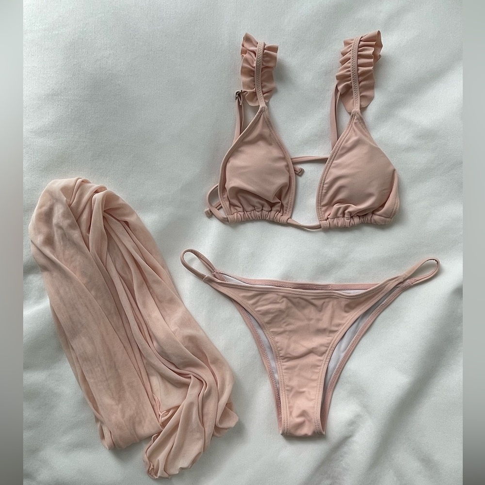 Pale Pink Triangle Bikini Set With Sarong - size M/US 6